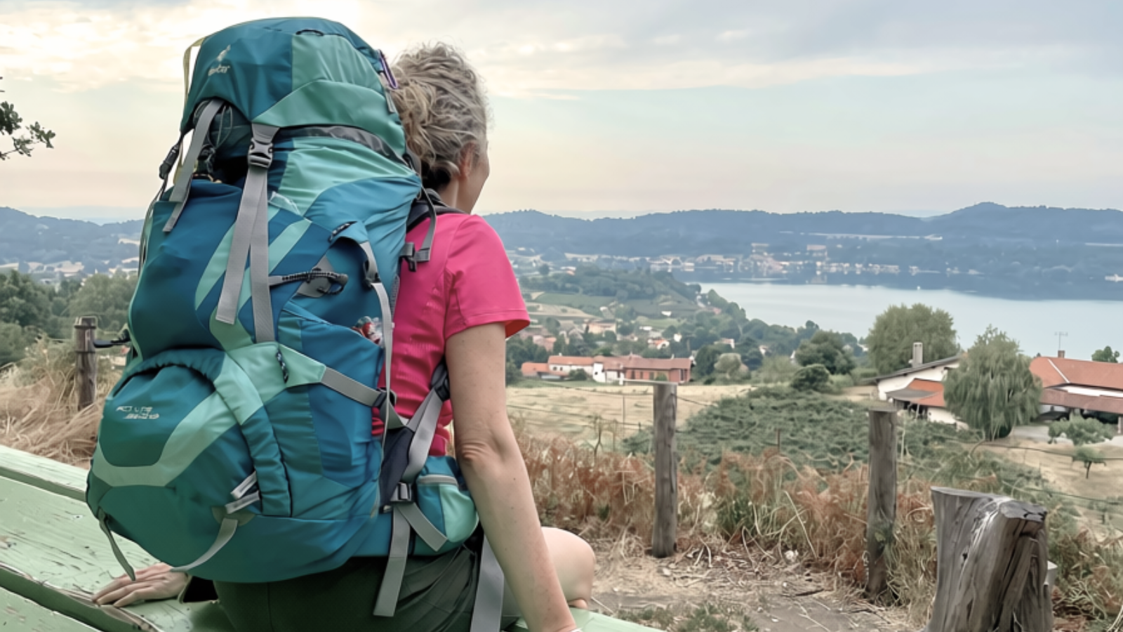 Donna di spalle seduta su una panchina con lo zaino da cammino, davanti a un panorama di colline e lago.